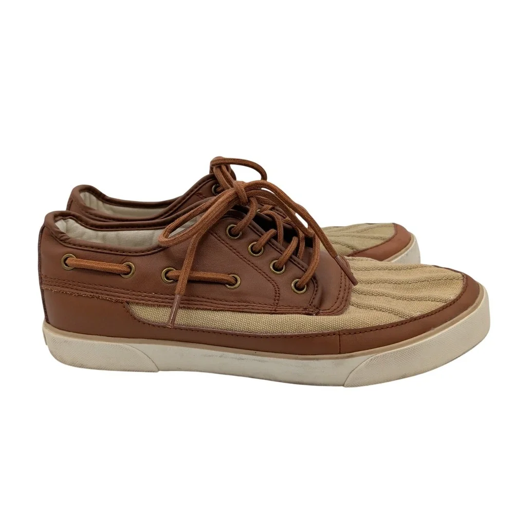 Polo Ralph Lauren Parkstone Mens 9.5 D Brown Leather Canvas Boat Shoes Sneaker